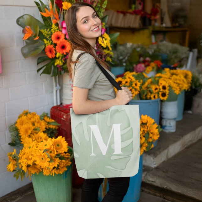 Tropical Monogram Green Palm Leaves Tote Bag (Botanical green tropical palm leaf custom monogram tote bag.)