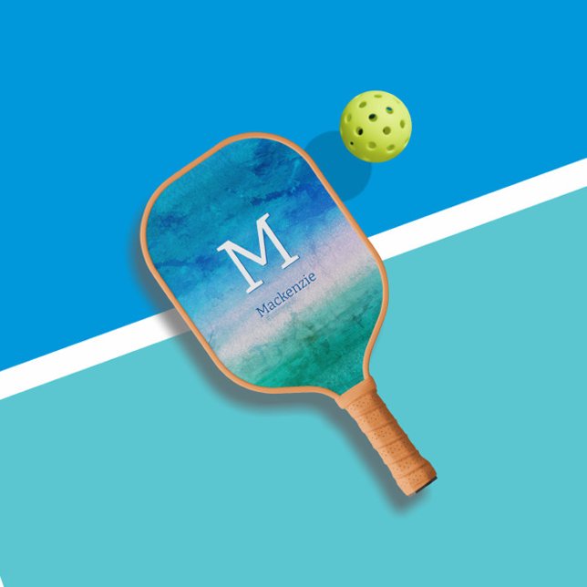 Tropical Monogram Ocean Blue Green Beachy Pickleball Paddle (Creator Uploaded)