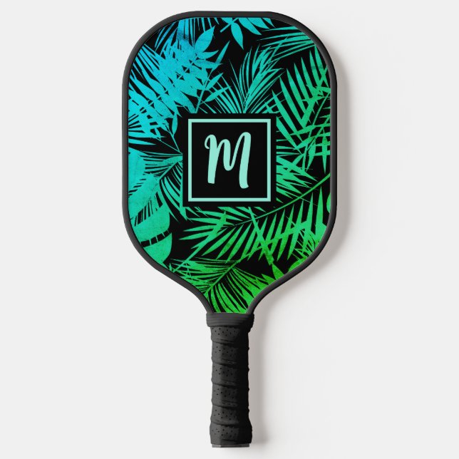 Tropical Monogram Teal Green Ombre Palm Modern Pickleball Paddle (Front)