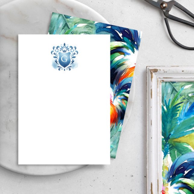 Tropical Monogram Thank You Cards Majestic Crest (Personalized notecards feature blue watercolor crest with reverse bold and colorful rooster art.)