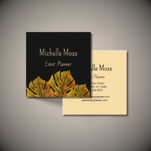 Tropical Monstara Palm Leaves Elegant Black Gold Square Business Card