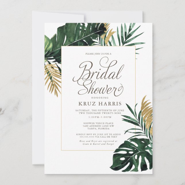 Tropical Monstera and Gold Leaf Bridal Shower Invitation (Front)