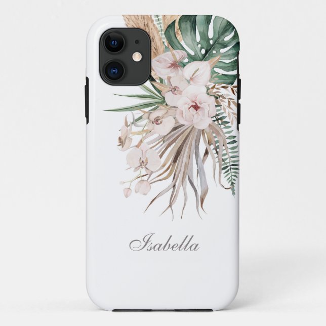 Tropical Monstera and Orchid Custom Name Case-Mate iPhone Case (Back)