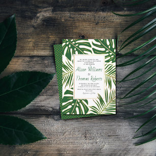 Tropical monstera and palm green leaves wedding invitation