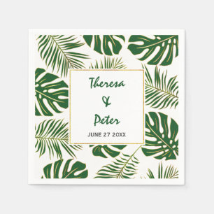 Tropical monstera and palm leaves modern wedding napkin