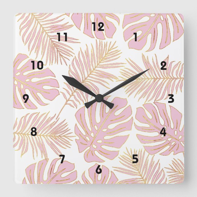 Tropical monstera and palm leaves pink gold trendy square wall clock (Front)
