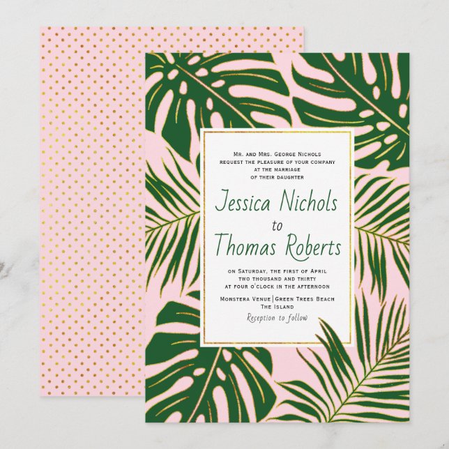 Tropical monstera and palm leaves pink wedding invitation (Front/Back)