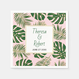 Tropical monstera and palm leaves pink wedding napkin