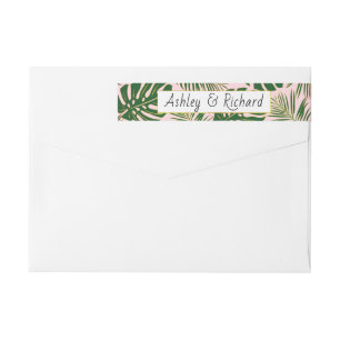 Tropical monstera and palm leaves pink wedding wrap around label