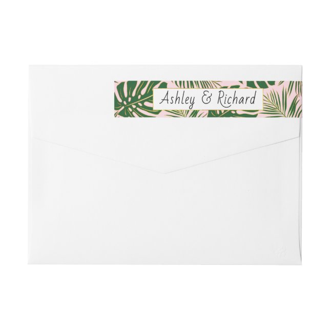 Tropical monstera and palm leaves pink wedding wrap around label (Back)