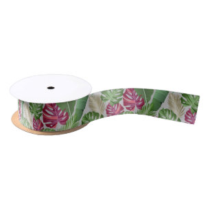 Tropical Monstera and Palm Leaves Satin Ribbon