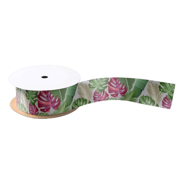 Tropical Monstera and Palm Leaves Satin Ribbon (Spool)