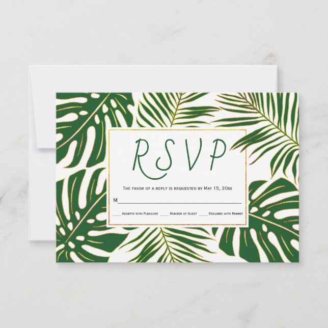Tropical monstera and palm leaves wedding RSVP Card (Front)