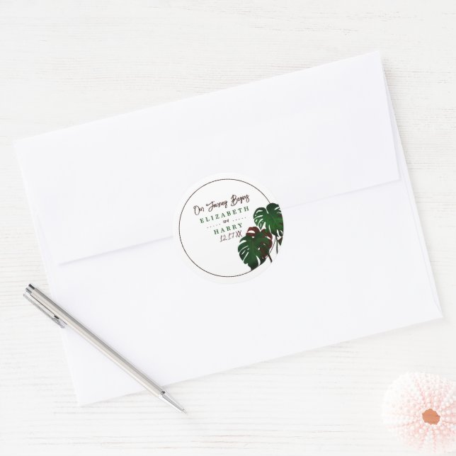 Tropical Monstera Beach Wedding Classic Round Sticker (Envelope)