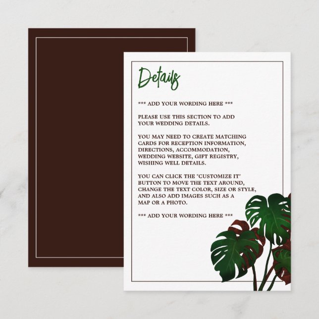 Tropical Monstera Beach Wedding Detail Enclosure Card (Front/Back)