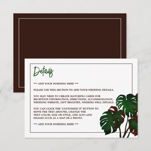 Tropical Monstera Beach Wedding Detail Enclosure Card (Front/Back)