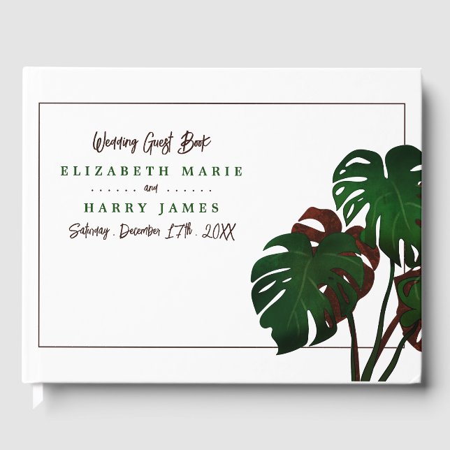 Tropical Monstera Beach Wedding Guest Book (Front)