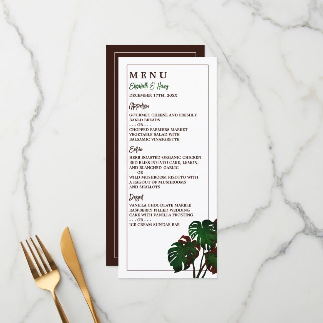 Tropical Monstera Beach Wedding Menu (Front/Back In Situ)