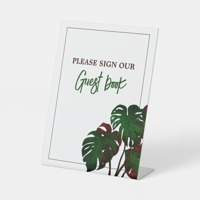 Tropical Monstera Beach Wedding Pedestal Sign (Front)