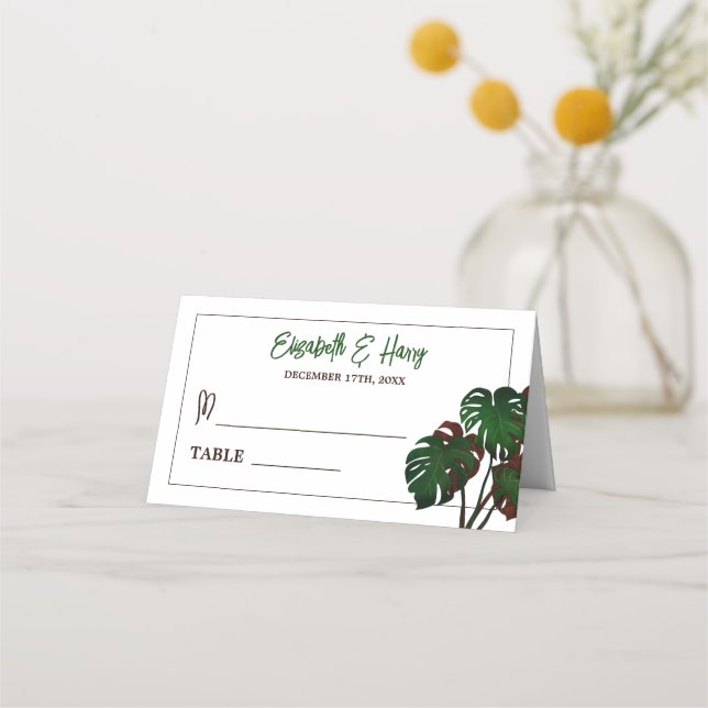 Tropical Monstera Beach Wedding Place Card (Front)