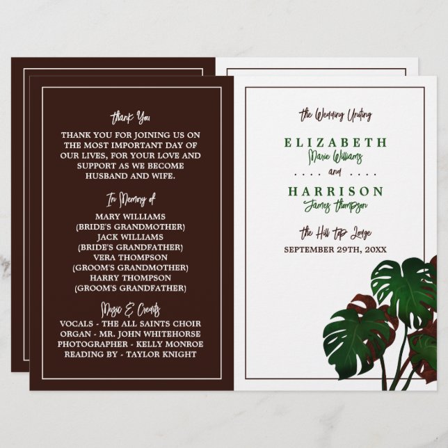 Tropical Monstera Beach Wedding Programme (Front/Back)