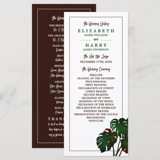 Tropical Monstera Beach Wedding Programme (Front/Back)