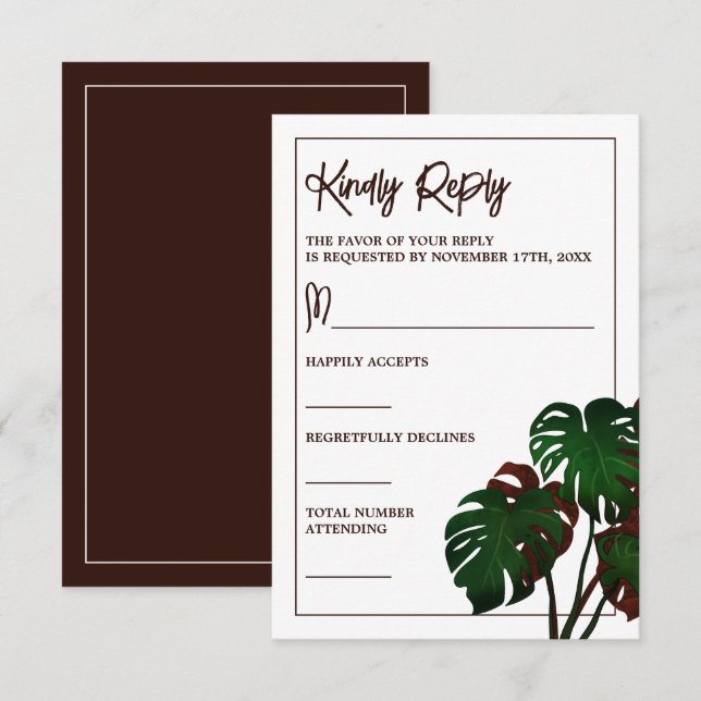 Tropical Monstera Beach Wedding RSVP Card (Front/Back)