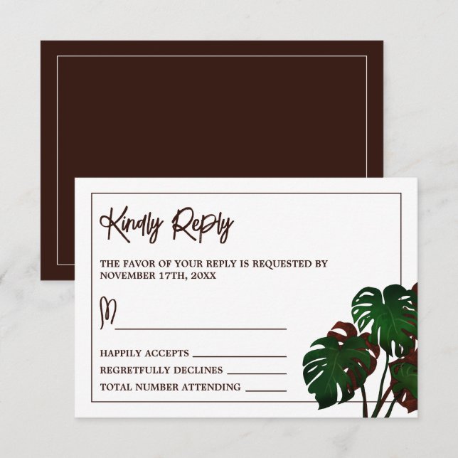 Tropical Monstera Beach Wedding RSVP Card (Front/Back)
