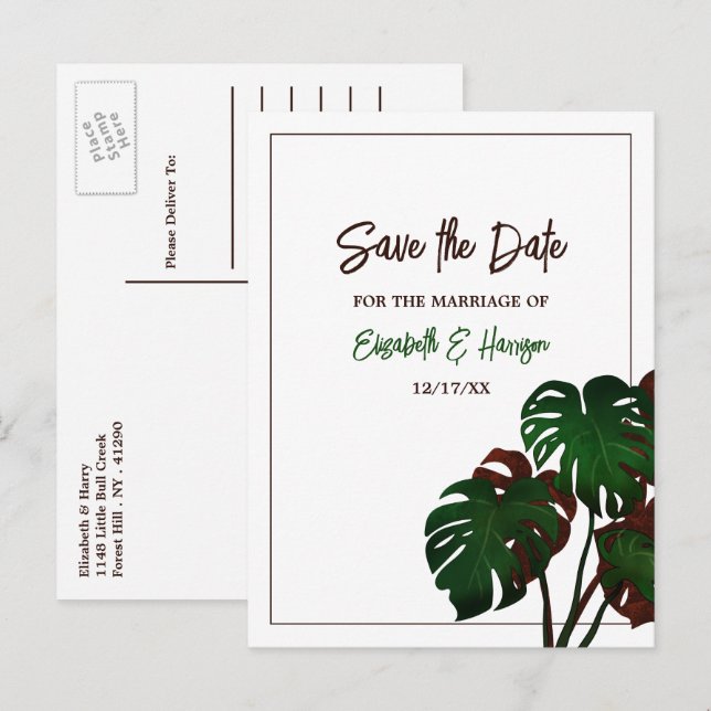 Tropical Monstera Beach Wedding Save the Date Announcement Postcard (Front/Back)