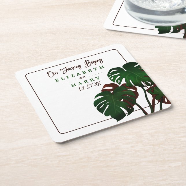 Tropical Monstera Beach Wedding Square Paper Coaster (Angled)