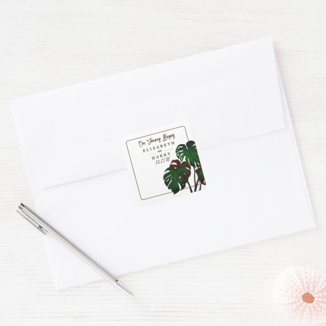 Tropical Monstera Beach Wedding Square Sticker (Envelope)