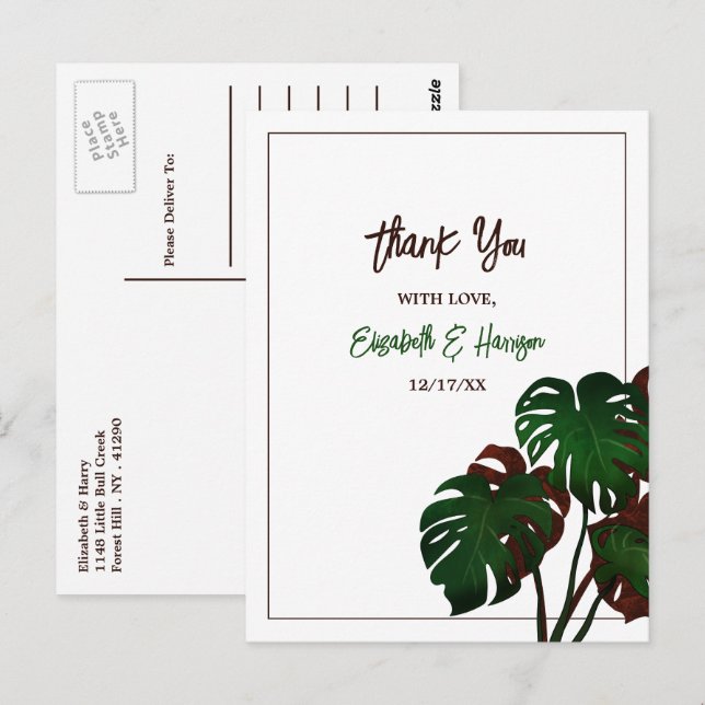 Tropical Monstera Beach Wedding Thank You Postcard (Front/Back)