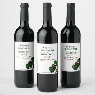 Tropical Monstera Beach Wedding Wine Label