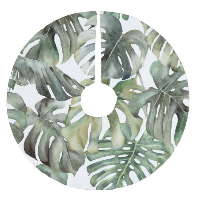 Tropical Monstera Big Watercolor Pattern Brushed Polyester Tree Skirt (Front)