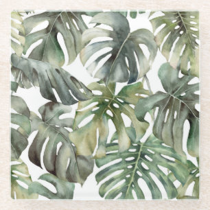 Tropical Monstera Big Watercolor Pattern Glass Coaster
