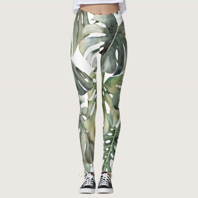 Tropical Monstera Big Watercolor Pattern Leggings (Front)