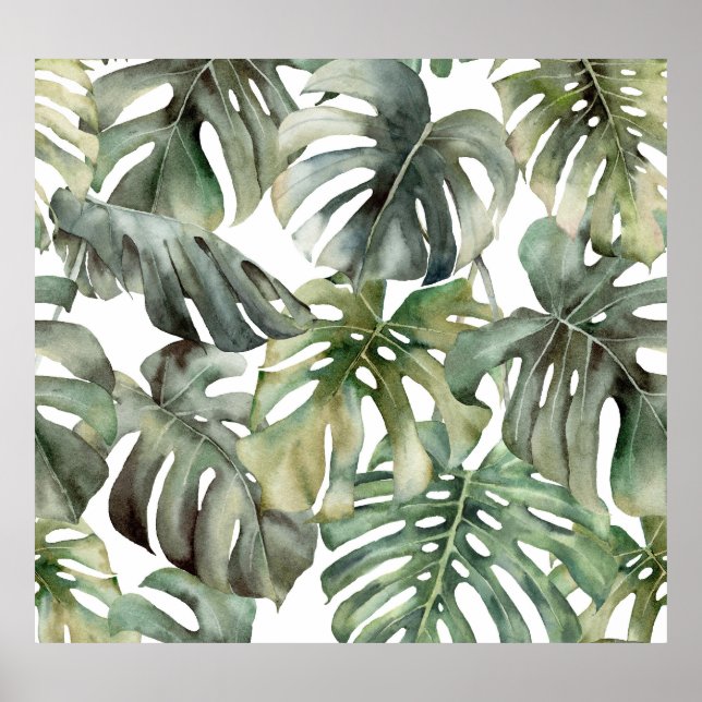 Tropical Monstera Big Watercolor Pattern Poster (Front)