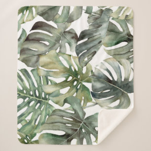 Tropical Monstera Big Watercolor Pattern Sherpa Blanket