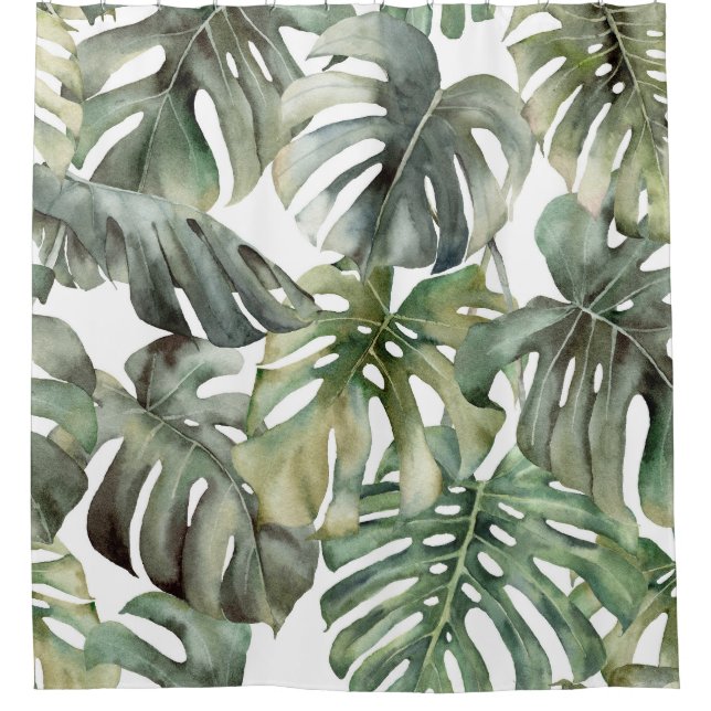 Tropical Monstera Big Watercolor Pattern Shower Curtain (Front)