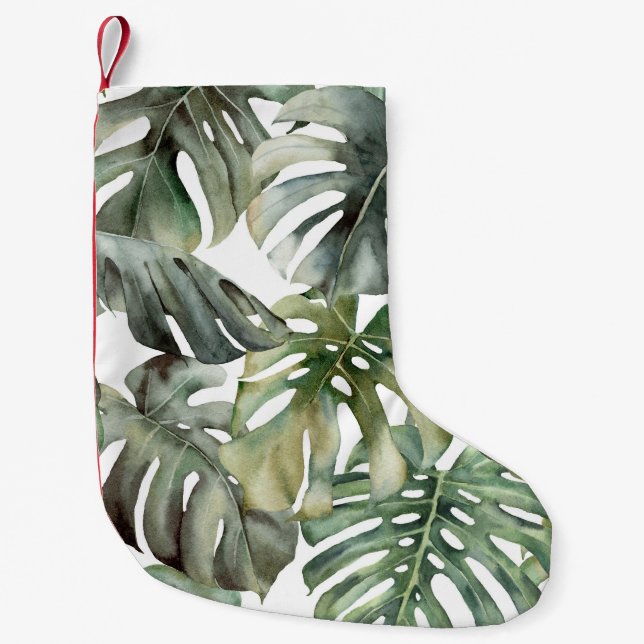 Tropical Monstera Big Watercolor Pattern Small Christmas Stocking (Front)