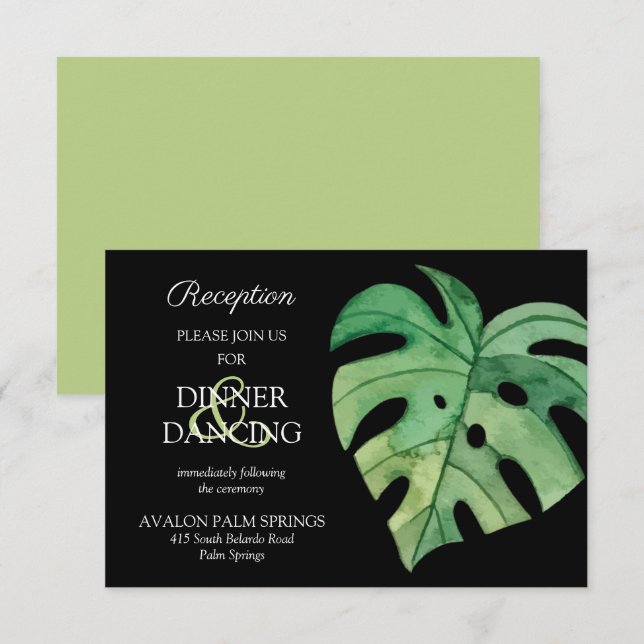 Tropical Monstera Black Wedding Reception Card (Front/Back)