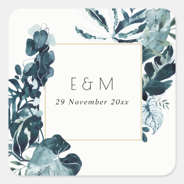 Tropical Monstera Blue Foliage Monogram Wedding Square Sticker (Front)