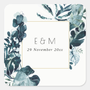 Tropical Monstera Blue Foliage Monogram Wedding Square Sticker