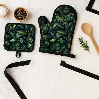 Tropical Monstera Botanical Green Jungle Oven Mitt & Pot Holder Set