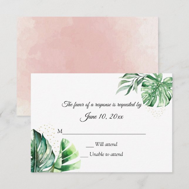 Tropical Monstera Botanicals & Gold Wedding  RSVP Card (Front/Back)