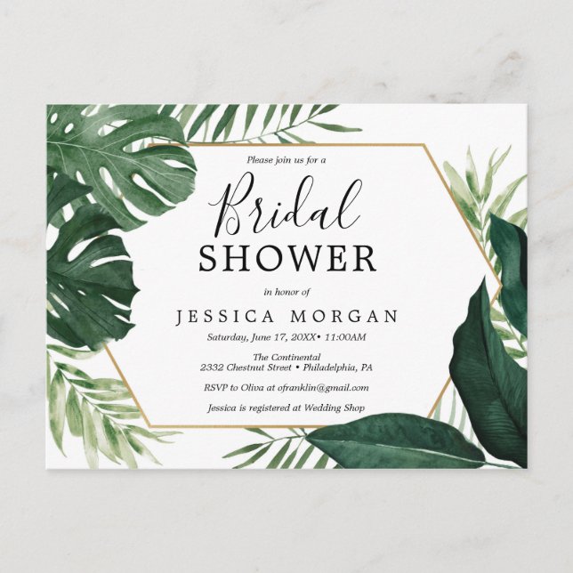 Tropical Monstera Bridal Shower Invitation Postcard (Front)