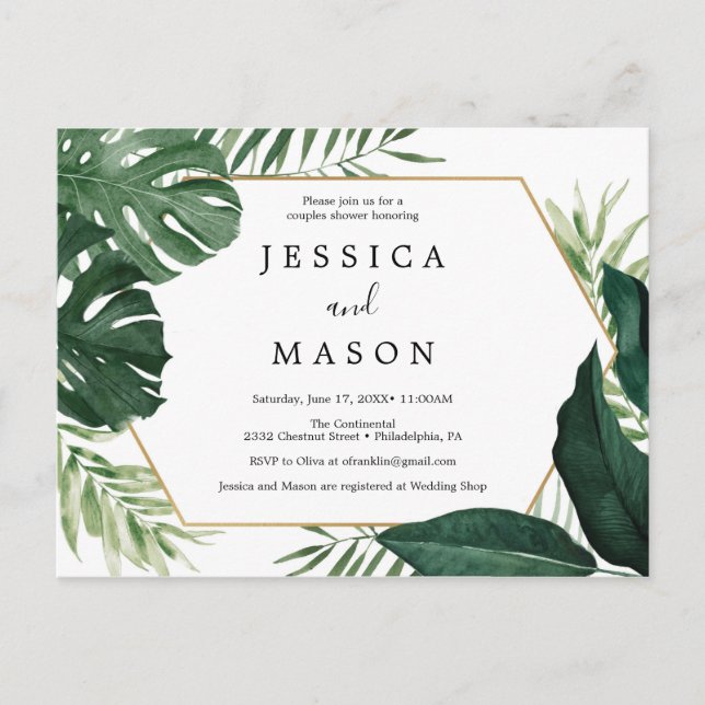 Tropical Monstera Couples Shower Invitation Postcard (Front)