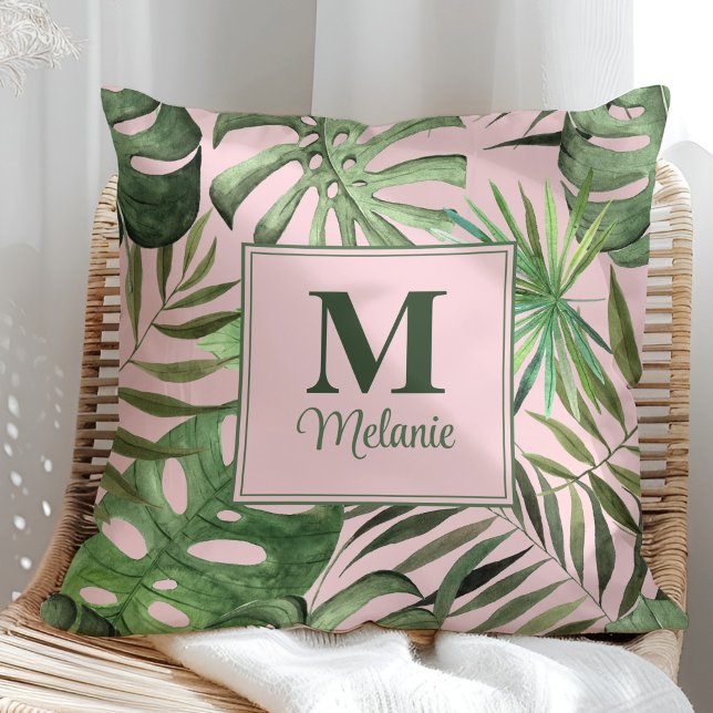 Tropical Monstera Custom Name and Initial Cushion (Tropical Monstera Custom Name and Initial Throw Pillow in a sunny rattan armchair.)