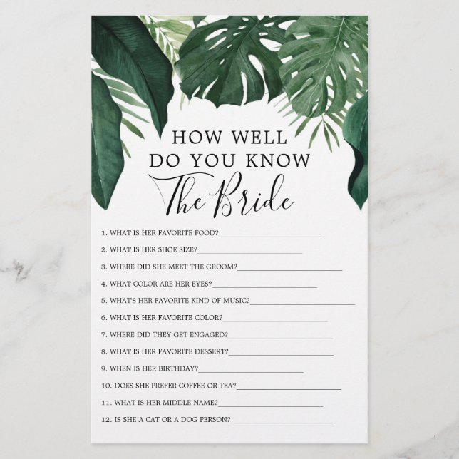 Tropical Monstera Double Sided Bridal Shower Games (Front)