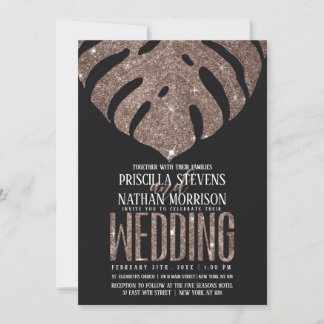 Tropical Monstera Dusty Rose Gold Glitter Wedding Invitation